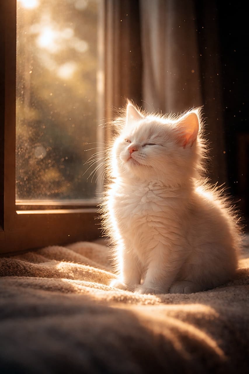 「光、ぬくもり、静けさ。子猫が教えてくれる完璧な午後」A fluffy white kitten resting on a soft cushion by a window, eyes closed in a golden sunbeam, with dust motes drifting in the air. 窓辺のクッションの上で、金色の光と舞う埃に包まれ目を閉じる白いふわふわの子猫