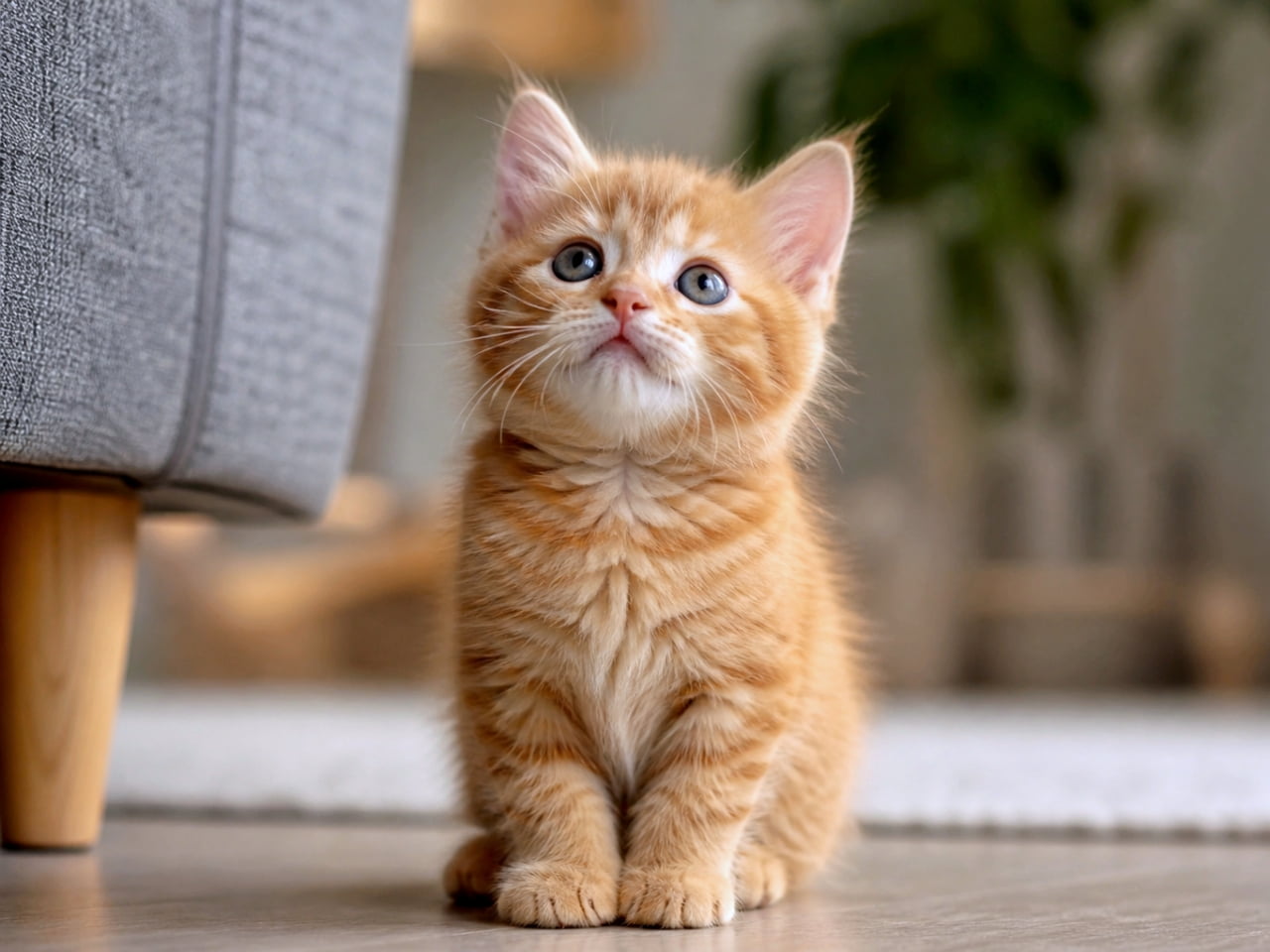 「なになに？おやつ？🥺 くりくりのお目目で見つめられたら、なんでも言うこと聞いちゃいそう！あざと可愛い茶トラちゃん🐈🐾」A fluffy ginger tabby kitten sitting obediently on a wooden floor next to a grey sofa, looking up towards the camera with wide, curious blue eyes. グレーのソファの横のフローリングにちょこんと座り、まん丸の大きな青い瞳で不思議そうに上を見上げている、ふわふわの茶トラの子猫