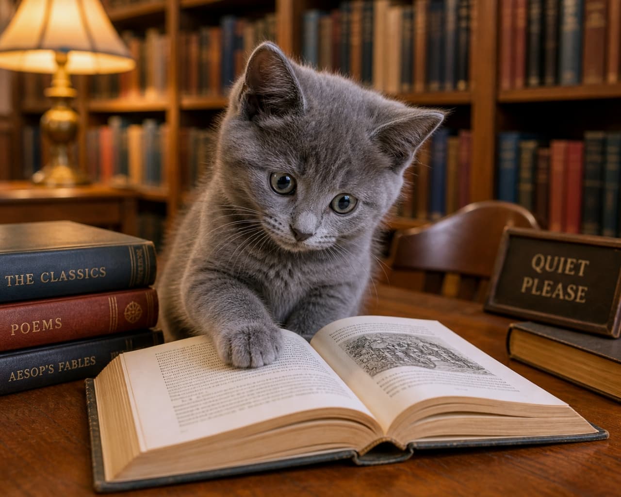「お勉強中はお静かににゃ🤫📚 図書館で真剣に本を読む（？）グレーの子猫ちゃん。肉球でページをめくる姿がインテリで素敵✨🎓」A small grey kitten is sitting at a wooden desk in a library, resting its paw on an open vintage book, with a "Quiet Please" sign and bookshelves in the background. 図書館の木製の机で、開かれた古い本の上に前足を乗せて読書をしているようなポーズをとるグレーの子猫。背景には本棚と「お静かに」の札があります