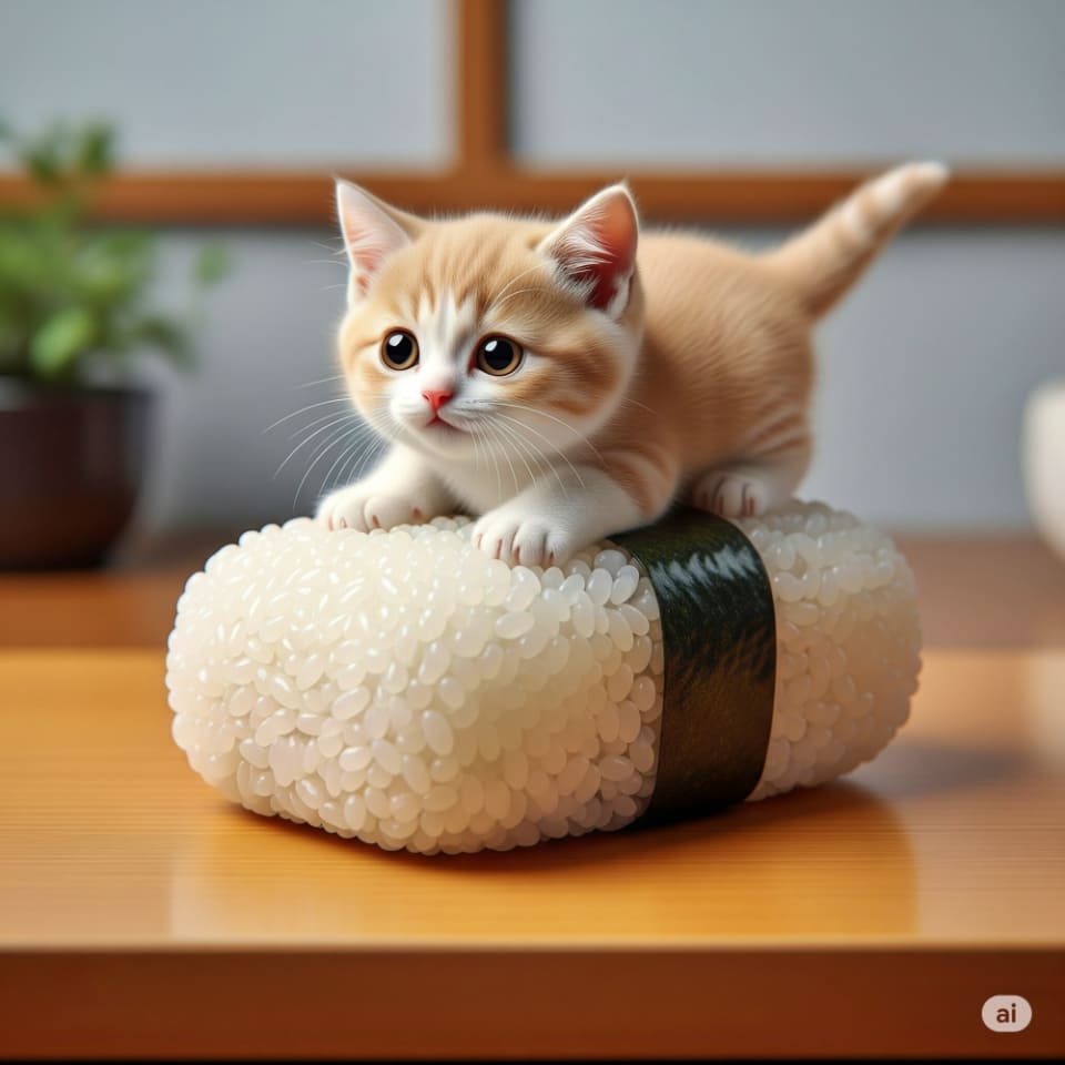 Orange-and-white kitten lies playfully atop sushi rice wrapped in seaweed. オレンジと白の子猫が海苔で巻かれた寿司の上に寝そべるユニークな構図