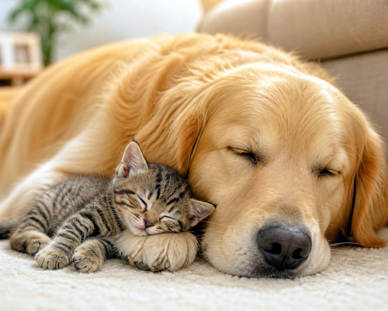 「大きなワンちゃんにぴったりくっついてスヤスヤ…🐶🐱💤種を超えた仲良しコンビの寝顔に癒され度120%！💖」A tiny tabby kitten sleeping peacefully while cuddled up against the face of a large, sleeping golden retriever dog on a soft carpet. 柔らかいカーペットの上で、ぐっすり眠っている大きなゴールデンレトリバーの顔にぴったりと寄り添って、安心しきったように眠る小さなキジトラの子猫