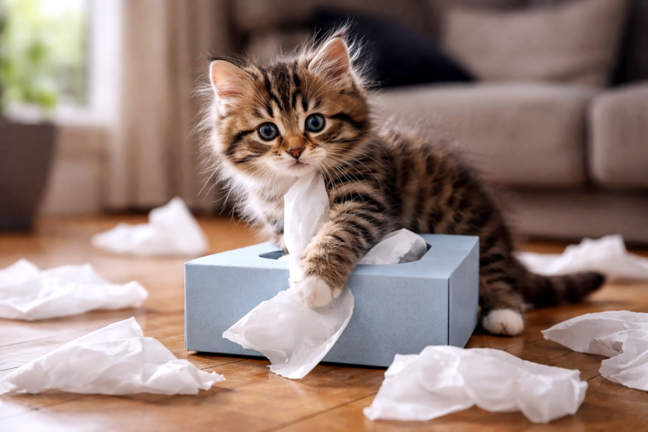 「もう一回チャレンジ！水色の箱に夢中すぎ😂 #猫 #いたずら #子猫 🐈」Ultra-realistic high-quality photograph of a serious-looking tabby kitten pulling tissues from a blue tissue box on a wooden floor in a naturally lit living room. The kitten has its paw inside the box, tugging. Scattered tissues are around. The background is softly blurred. フローリングの床の上に置かれた水色のティッシュボックスから、キジトラの子猫が真剣な表情でティッシュを引き出している様子。子猫は前足を箱の中に入れ、ティッシュを引っ張っている。周囲には引き出されたティッシュが散乱している。背景のリビングルームが自然光で照らされ、ボケている