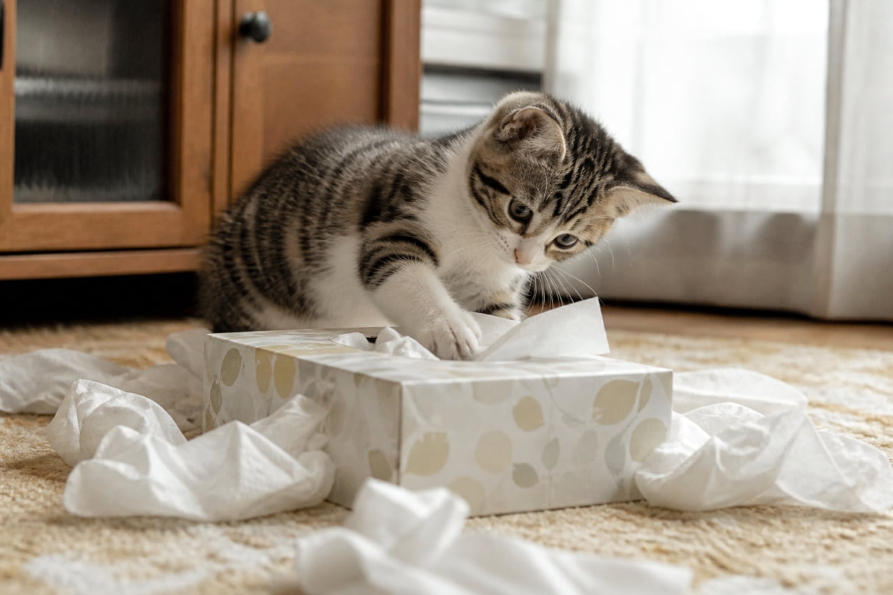「やっちゃった！ティッシュ箱は最高のオモチャだニャ🐾散らかし放題でドヤ顔のイタズラっ子に、思わず笑っちゃう😂💦」A playful tabby and white kitten pulling white tissues out of a tissue box, leaving crumpled tissues scattered all over the brown textured rug. フローリングの上のラグで、ティッシュボックスから次々とティッシュを引っ張り出し、周りに丸めたティッシュを散らかして遊んでいる、いたずら好きなキジトラ白の子猫