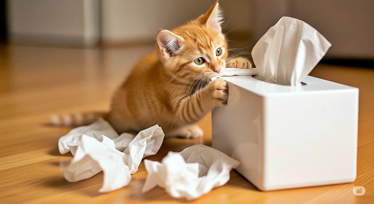 「白い箱VS茶トラちゃん。「捕まえた！」ってガブッ。無限に出てくる不思議な白いフワフワに夢中だね」An orange tabby kitten leaning its paws on a white square tissue box, biting the tissue being pulled out, with scattered tissues on the wooden floor. 白い四角いティッシュボックスに前足をかけ、引き出されたティッシュを噛んで遊んでいる茶トラの子猫。木の床には丸まったティッシュが落ちてい