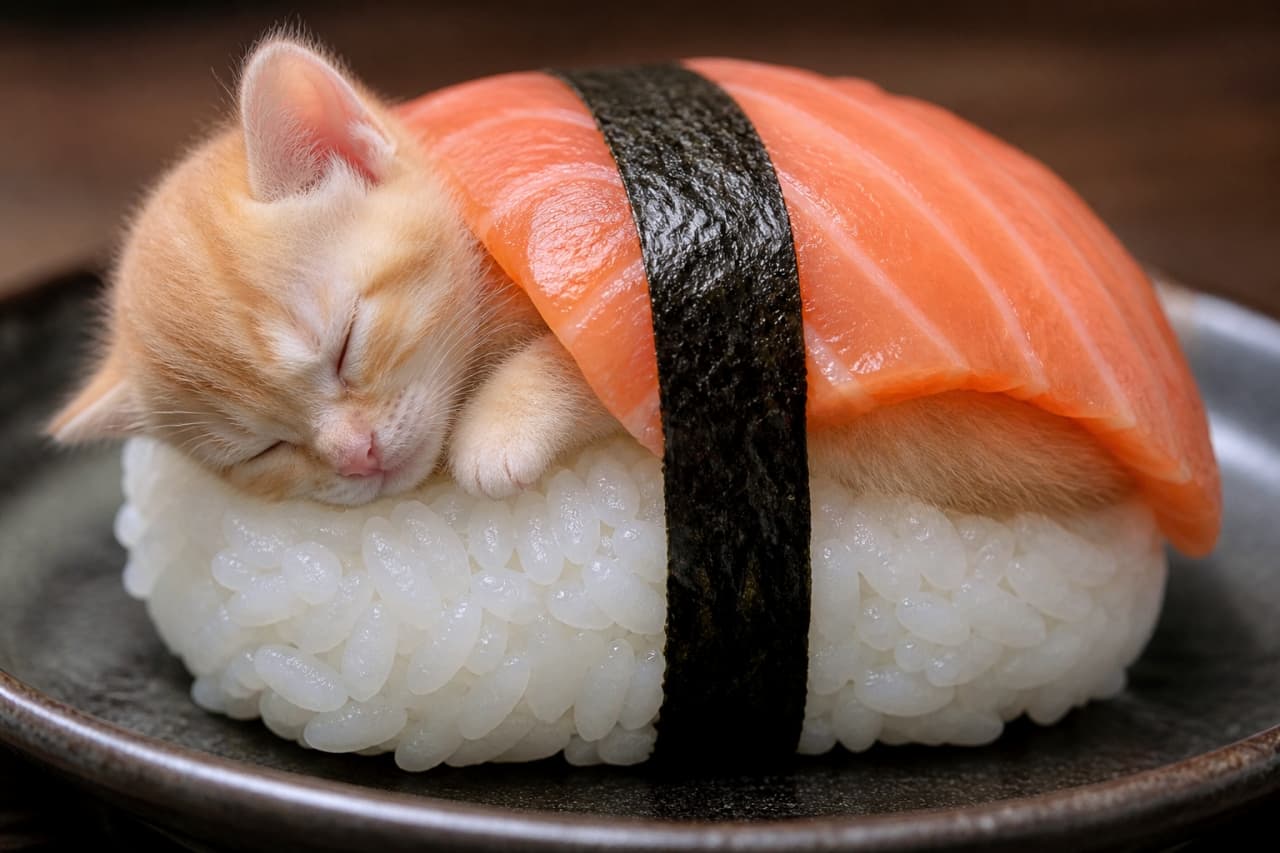 「今日のお昼寝はサーモンのお布団で🍣💤 美味しそうで可愛すぎる、究極の「ねこ寿司」はいかが？✨」Ultra-realistic high-quality photograph of a tiny ginger kitten sleeping soundly on top of a large sushi rice ball, covered with a fresh salmon slice and wrapped with a nori strip. Creative food parody art. 巨大なシャリの上に丸まって眠る茶トラの子猫。新鮮なサーモンのネタを掛け布団のように背負い、海苔の帯で固定されている。黒い陶器の皿に乗った、シュールで愛らしい「ねこ寿司」のパロディ
