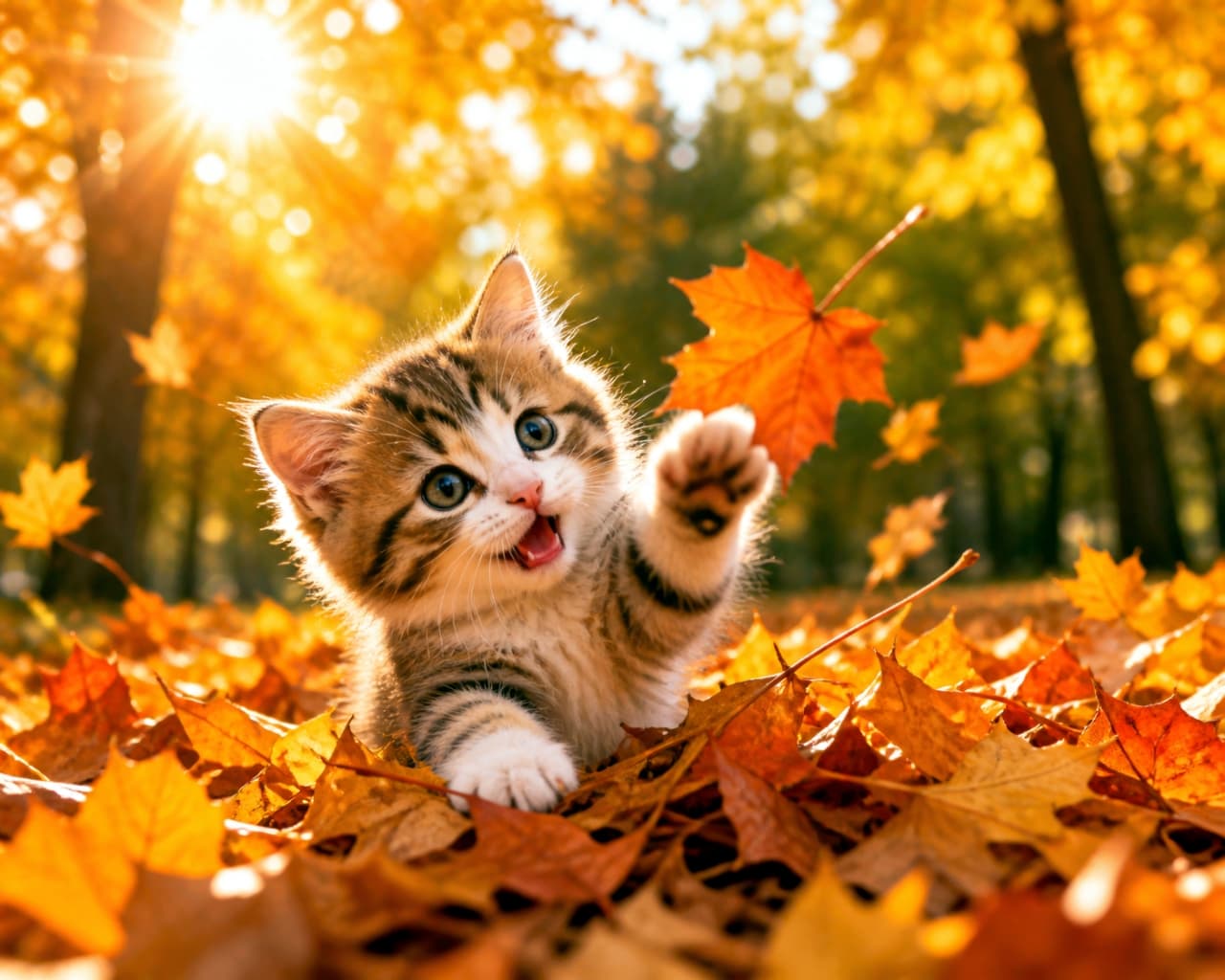 「秋の魔法にかけられて🍁 落ち葉と追いかけっこする無邪気な姿に、こっちまで笑顔になっちゃう！✨」Ultra-realistic high-quality photograph of a playful tabby kitten reaching out its paw to catch a falling maple leaf amidst bright orange autumn leaves. Beautiful backlighting creates a glowing halo effect on the fur. 鮮やかなオレンジ色の落ち葉の中に埋もれ、舞い落ちる楓の葉を捕まえようと前足を伸ばすキジトラの子猫。逆光が猫の毛並みを黄金色に輝かせ、背景には眩しい太陽と秋の森のボケが広がっている