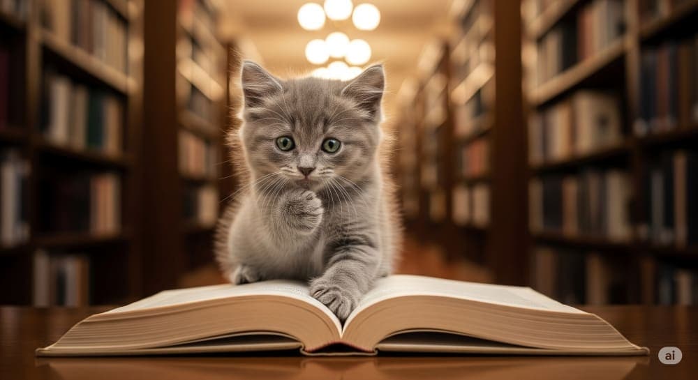 A gray kitten in a library poses with one paw raised on a book, appearing thoughtful. 図書館で本に片足を乗せ、もう片方の足を口元に添える灰色の子猫が考え込むような表情
