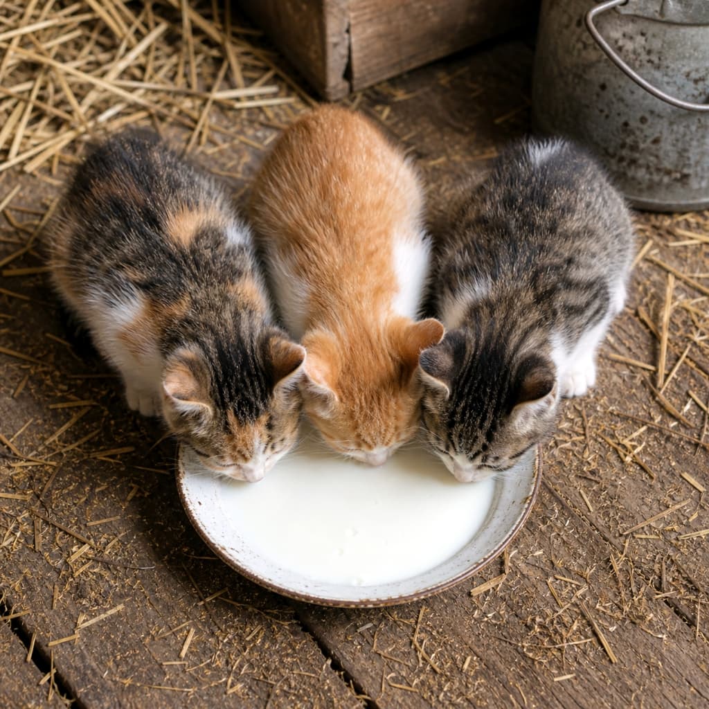 「みんなで仲良く朝ごはんタイム🐈🍼 寄り添う姿に癒やされること間違いなしの至福のひととき✨」Ultra-realistic high-quality photograph of three kittens (calico, orange-and-white, and tabby-and-white) huddled together drinking milk from a single ceramic bowl on a rustic wooden floor. Countryside aesthetic with straw and a metal bucket in the background. 三匹の子猫（三毛、茶白、キジ白）が、素朴な木製の床の上で一つの皿から仲良くミルクを飲んでいる俯瞰ショット。背景には藁やヴィンテージ風のバケツがあり、温かみのある農家の納屋のような雰囲気