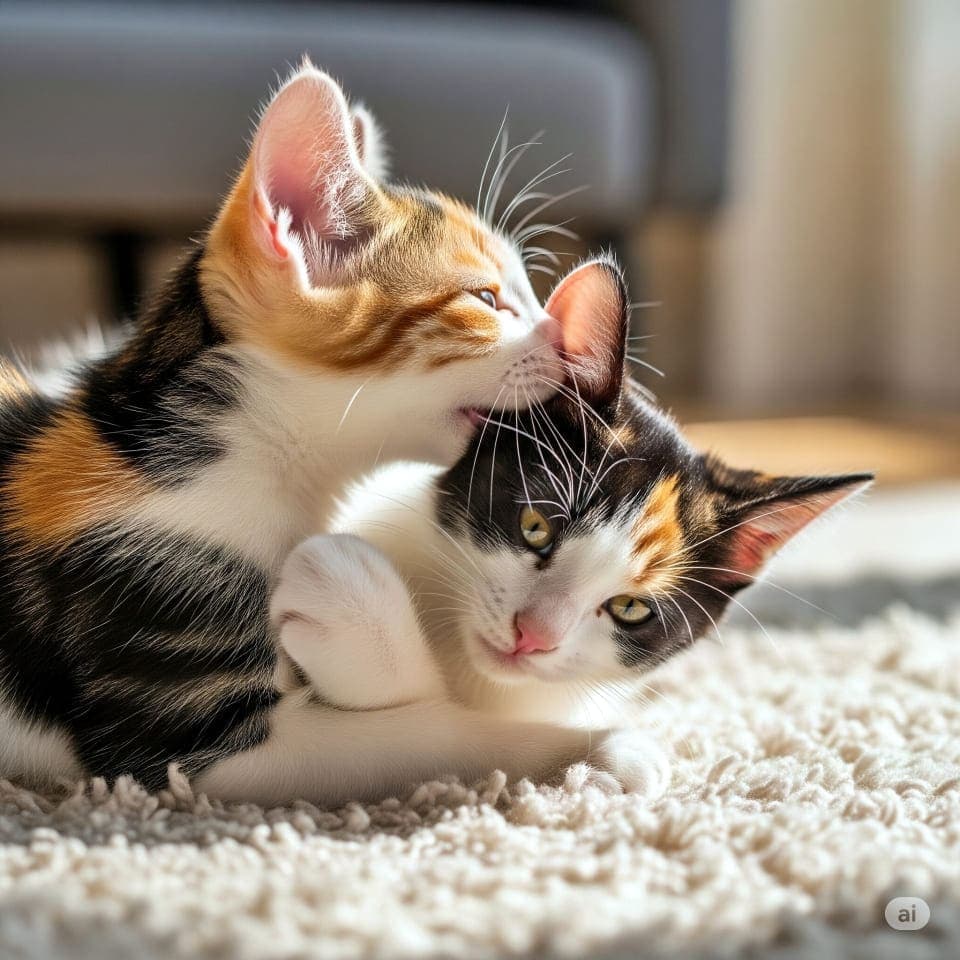 Two calico kittens on a sunlit carpet; one licks the other's head in a tender grooming moment. 2匹の三毛猫の子猫がふわふわのラグの上でくっつきながら取っ組み合いしており、1匹がもう1匹の耳をやさしく噛んでいる。柔らかな光