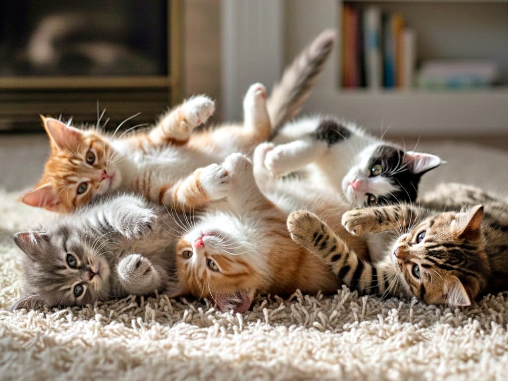 Five playful kittens lie on a light shaggy carpet in a cozy room, interacting with raised paws. Their fur varies in color and pattern—orange tabby, gray, black and white, and brown tabby. A fireplace and bookshelf in the background enhance the warm, homey atmosphere. 5匹の子猫が明るい毛足の長いカーペットの上でじゃれ合いながら寝そべっている。毛色は茶トラ、グレー、黒白、キジトラなど多様で、背景には暖炉と本棚があり、家庭的で温もりある雰囲気を演出している