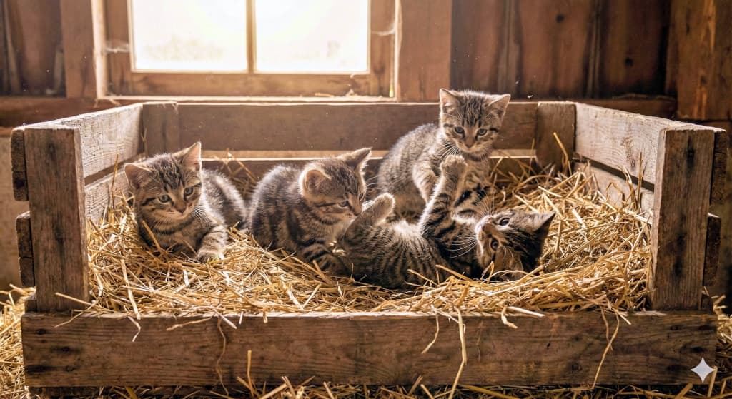 Five tabby kittens relax and play inside a straw-filled wooden crate in a sunlit barn. 陽光差し込む納屋の木箱の中で、5匹のトラ猫がくつろぎながら遊んでいる