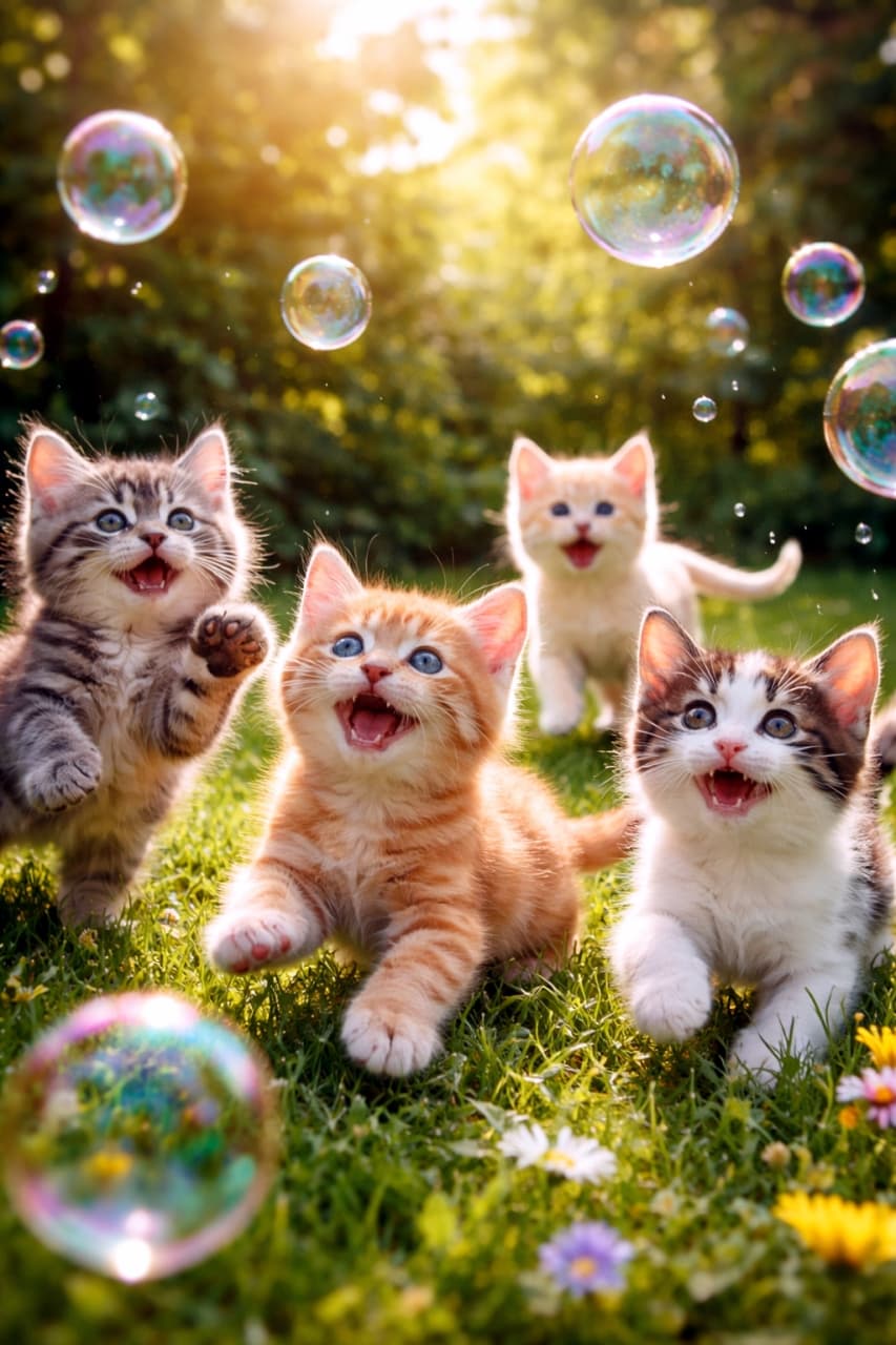 「まてまて〜!🫧シャボン玉に夢中で原っぱを駆け回る子猫たちに、見ているだけでハッピーになっちゃいますね☀️💕」Ultra-realistic high-quality photograph of four cute kittens running and jumping excitedly on green grass to catch colorful soap bubbles in a sunlit garden. 太陽の光が降り注ぐ緑の芝生の上で、色鮮やかなシャボン玉を無邪気に追いかけて走ったりジャンプしたりしている4匹の子猫たちの躍動感あふれる超高画質写真