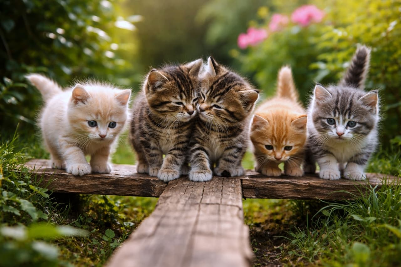 「みんなで大冒険に出発ニャ!🌿🐾木の板を並んで歩く仲良し5兄弟にほっこり癒やされますね💕」Ultra-realistic high-quality photograph of five adorable kittens walking together on a rustic wooden plank in a lush green garden, with the middle two affectionately touching faces. 緑豊かな庭で、素朴な木の板の上に並んで歩く5匹の可愛らしい子猫の超高画質写真。真ん中の2匹は仲良く顔を寄せ合って内緒話をしているように見える