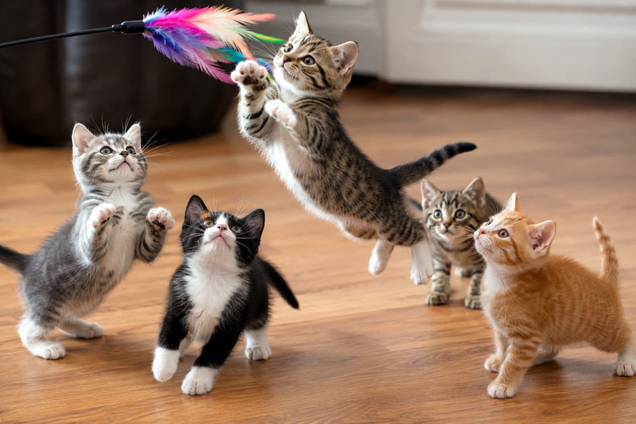 「ナイスキャッチなるか!?🐈💨 みんな夢中で猫じゃらしを追いかける姿がたまらない💕 #猫じゃらし #猫のいる生活」Ultra-realistic high-quality photograph of five kittens actively playing and jumping for a colorful feather toy indoors. 室内でカラフルな羽根の猫じゃらしに向かって、一斉にジャンプしたり見上げたりする5匹の子猫