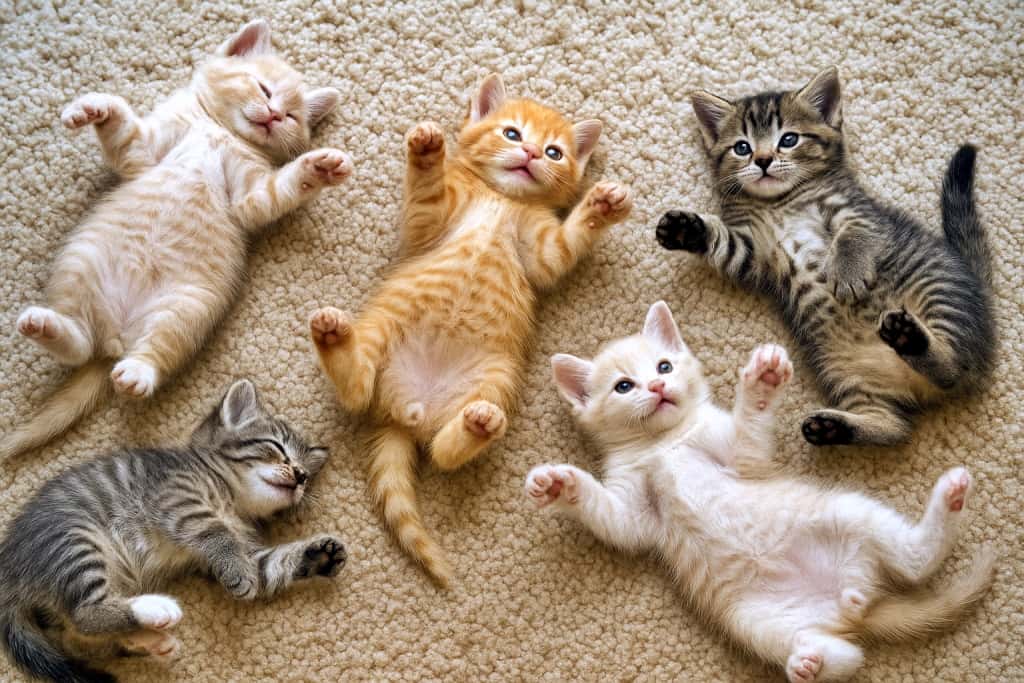 Five kittens lying on their backs on a soft beige carpet, each in a different playful pose, showing detailed fur textures and relaxed expressions. 柔らかいベージュのカーペットの上で、5匹の子猫がそれぞれ異なる遊ぶポーズで仰向けになっている様子。毛並みの質感が細かく描かれ、リラックスした表情が特徴