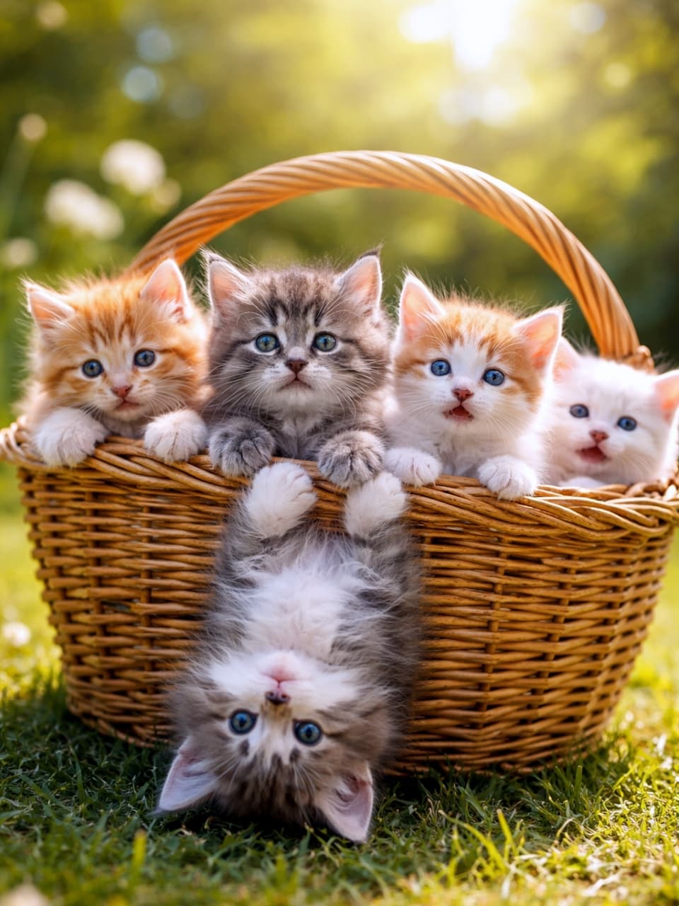 「バスケットからひょっこり&逆さま!?🧺🙃遊び心満点な子猫たちのお茶目なポーズにキュンとします💘」Ultra-realistic high-quality photograph of five playful kittens in a wicker basket on sunlit grass, with four peeking out the top and one adorably hanging upside down looking at the camera. 太陽の光が降り注ぐ芝生の上に置かれた籐のバスケットに入った5匹の子猫の超高画質写真。4匹は上から顔を出し、1匹は縁から逆さまにぶら下がるようにしてカメラを見つめている