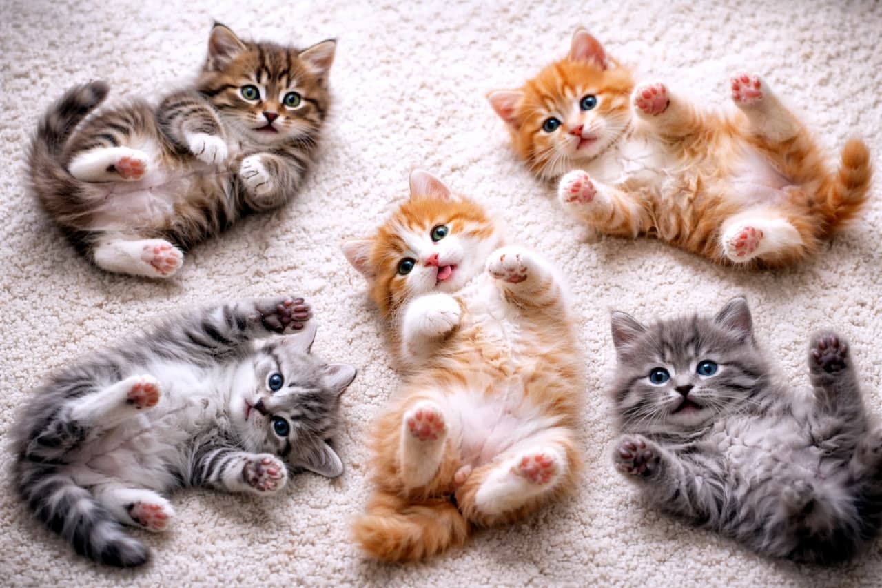 「究極のヘソ天パーティー開催中🎉ふわふわカーペットで5匹の子猫がゴロゴロ大はしゃぎ!ぷにぷに肉球がたまらない可愛さです🐾」A high-angle, photorealistic shot of five fluffy kittens rolling on their backs on a soft, cream-colored shag carpet. The kittens have diverse fur patterns, including ginger, brown tabby, and grey. Each kitten is in a unique, playful pose with their soft bellies exposed and their tiny pink paws reaching up into the air. The image features high-detail fur textures and bright, curious eyes, capturing a lively and heart-melting moment of them playing together. 柔らかいクリーム色のシャギーカーペットの上で、5匹のふわふわした子猫たちが一斉に仰向けになって転がっている躍動感のある俯瞰写真。茶トラ、キジトラ、グレーなど色とりどりの毛色の子猫たちが、お腹を見せてピンク色の小さなおててを空中に掲げた「ヘソ天」ポーズをとっています。一本一本の繊細な毛並みの質感までリアルに再現されており、キラキラした瞳でこちらを見つめる表情がたまらなく愛らしい、遊び心あふれる光景です