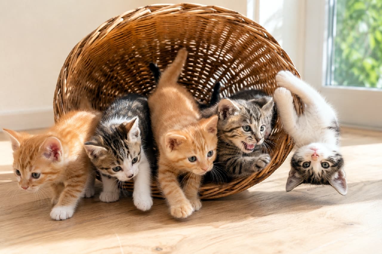 「お部屋に可愛さが大洪水!🐈🐾 カゴからあふれる元気いっぱいな天使たちに癒やされて、のんびりした一日を✨ #猫のいる暮らし #子猫」Ultra-realistic high-quality photograph of five playful domestic short-haired kittens tumbling out of a tipped-over wicker basket onto a sunlit wooden floor. The group includes two ginger tabbies, two brown tabbies with white, and one full brown tabby with an open-mouthed expression. One kitten on the far right hangs upside down playfully. The warm sunlight accentuates their soft fur textures and bright kitten eyes. 明るい日差しが差し込む木目のフローリングで、横倒しになった籐カゴから溢れ出るように遊ぶ5匹のミックスの子猫たち。左から茶トラ、キジ白、中央に茶トラ、驚いた表情で口を開けるキジトラ、右端で頭を下に逆さまにぶら下がるユニークなポーズのキジ白。柔らかい毛並みと青みがかったキトンブルーの目が輝き、部屋全体に温かく柔らかな光が満ちている