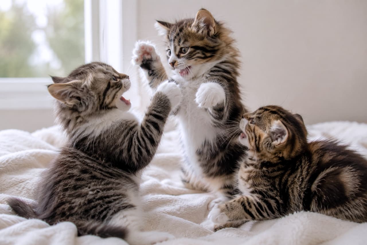 「ぼくの必殺猫パンチを受けてみろー！🐾元気いっぱいにじゃれ合う3匹から毎日パワーをもらえそう✨」Ultra-realistic high-quality photograph of three fluffy Maine Coon-style tabby kittens play-fighting on a soft white blanket. The center kitten stands tall on its hind legs engaging with the left one, while the right kitten watches intently, capturing their dynamic energy and rich fur texture. 窓を背景にした白いふかふかのブランケット上で、プロレスごっこをして遊ぶ3匹の長毛キジトラ子猫（メインクーン風）。中央の子猫が後ろ脚でピンと立ち上がり、左の子猫と前足を合わせています。右の子猫は座って見上げており、躍動感あふれる動きと豊かな被毛の質感が際立つ一枚