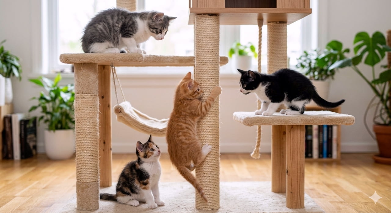 「大好きなキャットタワーで今日も大運動会🐈💨 みんな違ってみんないい可愛さです💕 #多頭飼い #ねこすたぐらむ」Ultra-realistic high-quality photograph of four colorful kittens enjoying a wooden cat tree in a natural living room decorated with plants. A silver tabby, a calico, a climbing orange tabby, and a playful black and white kitten are featured. 観葉植物が飾られたナチュラルなリビングで、木製のキャットタワーを楽しむ4匹の子猫たち。サバトラ白、三毛猫、柱を登る茶トラ、そして右側で身構える黒白猫が、それぞれの遊びを満喫しています