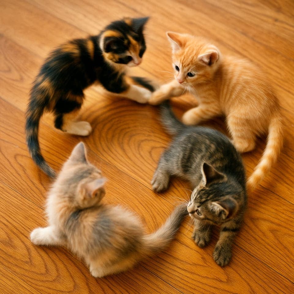 Four kittens—orange tabby, calico, gray tabby, and light gray with cream patches—sit and play in a loose circle on a wooden floor. Their colorful coats and warm surroundings create a lively, affectionate scene. 茶トラ、三毛、灰縞、淡いグレーとクリームのパッチ柄の4匹の子猫が木の床の上で円形に並び、じゃれ合っている。毛色の鮮やかさと温もりある床が、愛らしくにぎやかな雰囲気を演出している