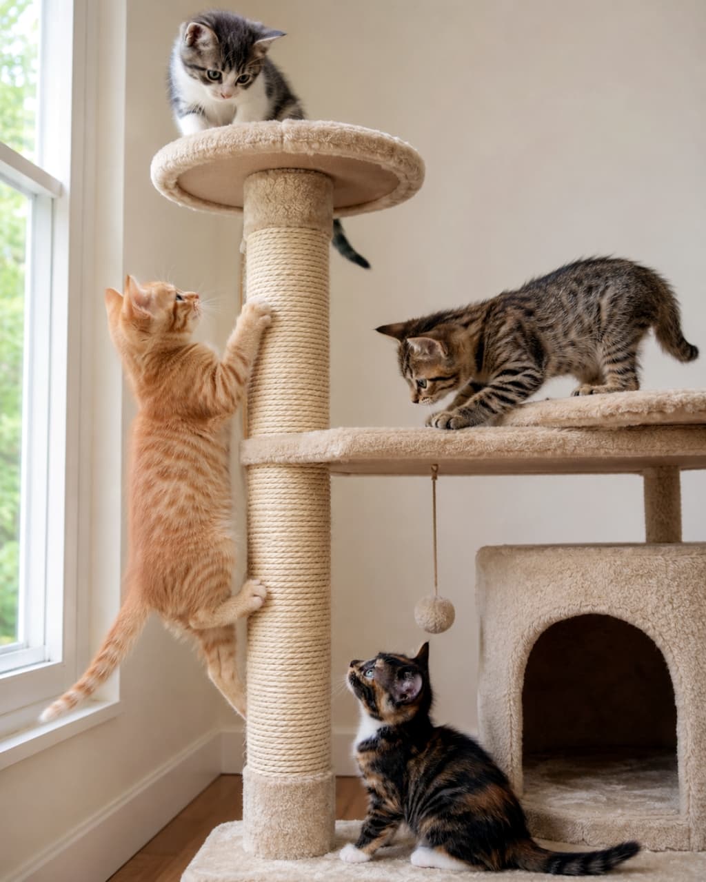 「キャットタワーのてっぺんを目指して!🐈💨 みんなで楽しくアスレチック中✨ #キャットタワー #子猫の成長」Ultra-realistic high-quality photograph of four kittens exploring and playing on a beige cat tree near a window. 窓際のキャットタワーに登ったり、下から見上げたりして遊ぶ4匹の子猫たち