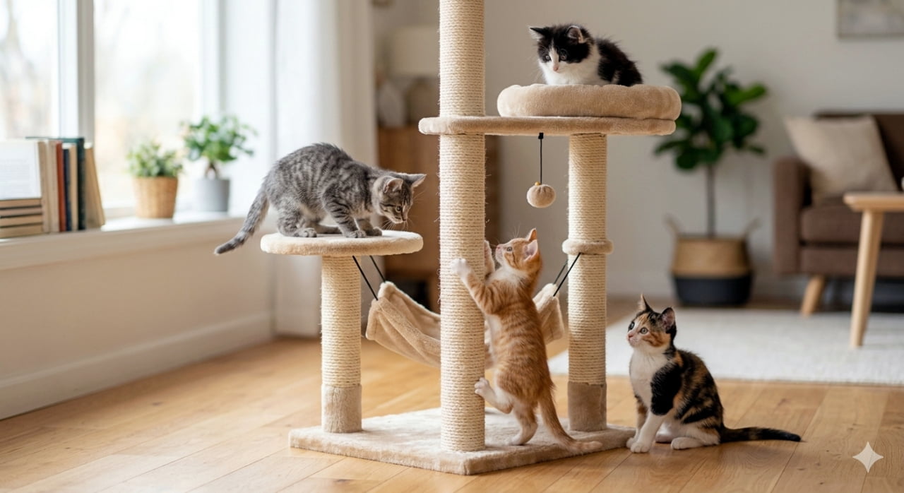 「みんなでキャットタワー大集合🐾🐈 どの子から遊ぼうか迷っちゃう可愛さです💖 #子猫 #猫のいる暮らし」Ultra-realistic high-quality photograph of four cute kittens playing on a cat tree in a bright living room. A black and white kitten is on top, a tabby in the middle, an orange tabby clinging to the scratching post, and a calico sitting on the wooden floor. 明るいリビングルームでキャットタワーで遊ぶ4匹の子猫たち。一番上には黒白のハチワレ、中段にはキジトラ、柱には茶トラがしがみつき、床には三毛猫が座って見上げています