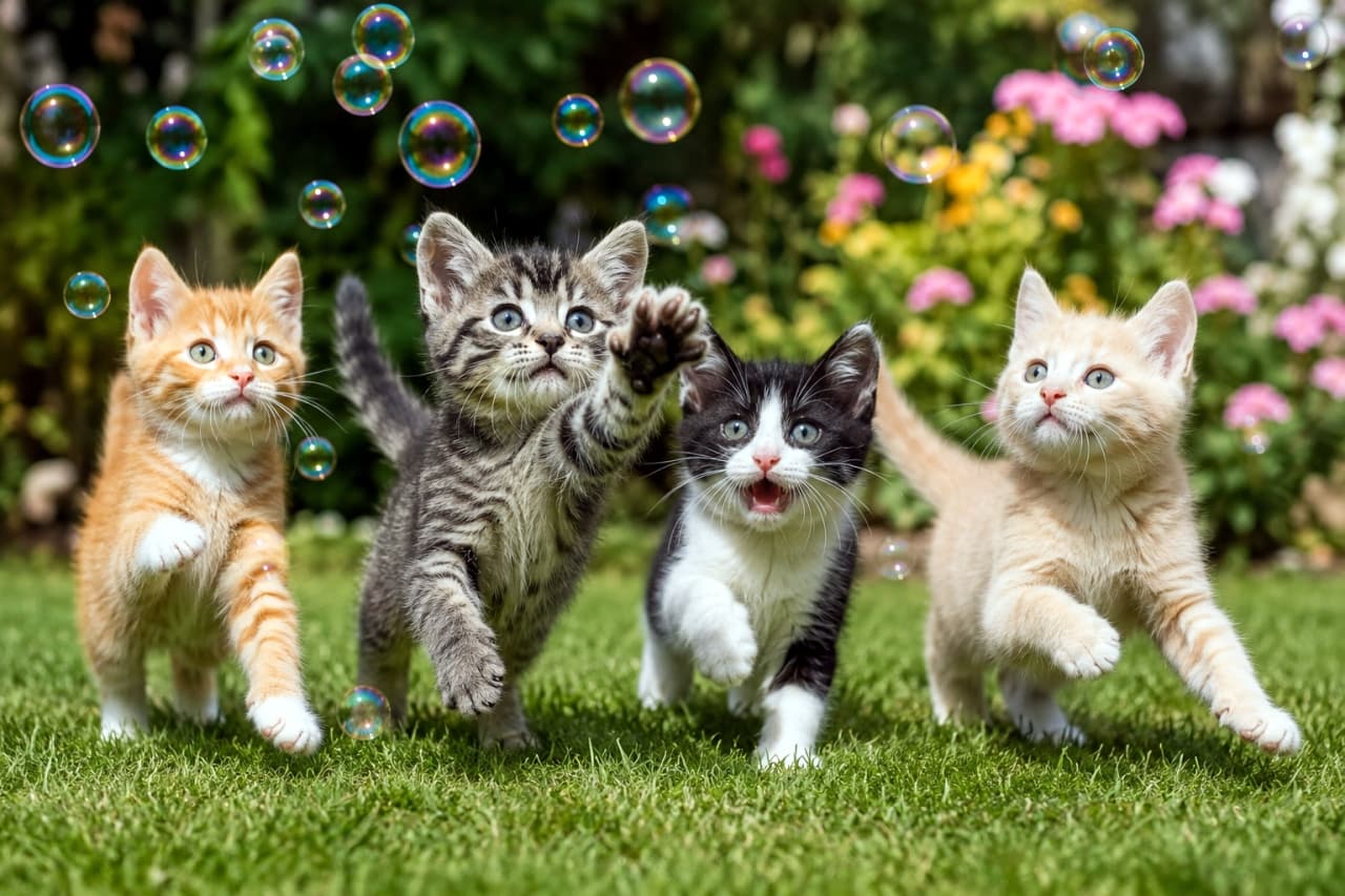 「シャボン玉まてまて〜!🫧 みんなで元気いっぱい遊ぶ姿に癒やされますね☀️🐈 #子猫のいる暮らし #シャボン玉」Ultra-realistic high-quality photograph of four playful kittens chasing colorful bubbles on a sunny green lawn. 晴れた日の芝生で、色とりどりのシャボン玉を追いかけて無邪気に遊ぶ4匹の子猫たち