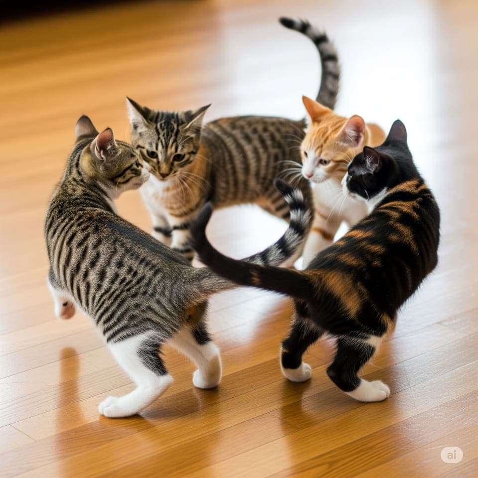 Four kittens—tabby with white legs, classic tabby, orange and white, and calico—stand on a polished wooden floor, forming a loose circle. Their varied coats and curious poses capture a moment of playful interaction. 白足のタビー、クラシックタビー、茶白、三毛の4匹の子猫が磨かれた木の床の上で円形に並び、互いに興味を示しながら遊んでいる。多彩な毛並みと好奇心あふれる姿が魅力的な一瞬を切り取っている