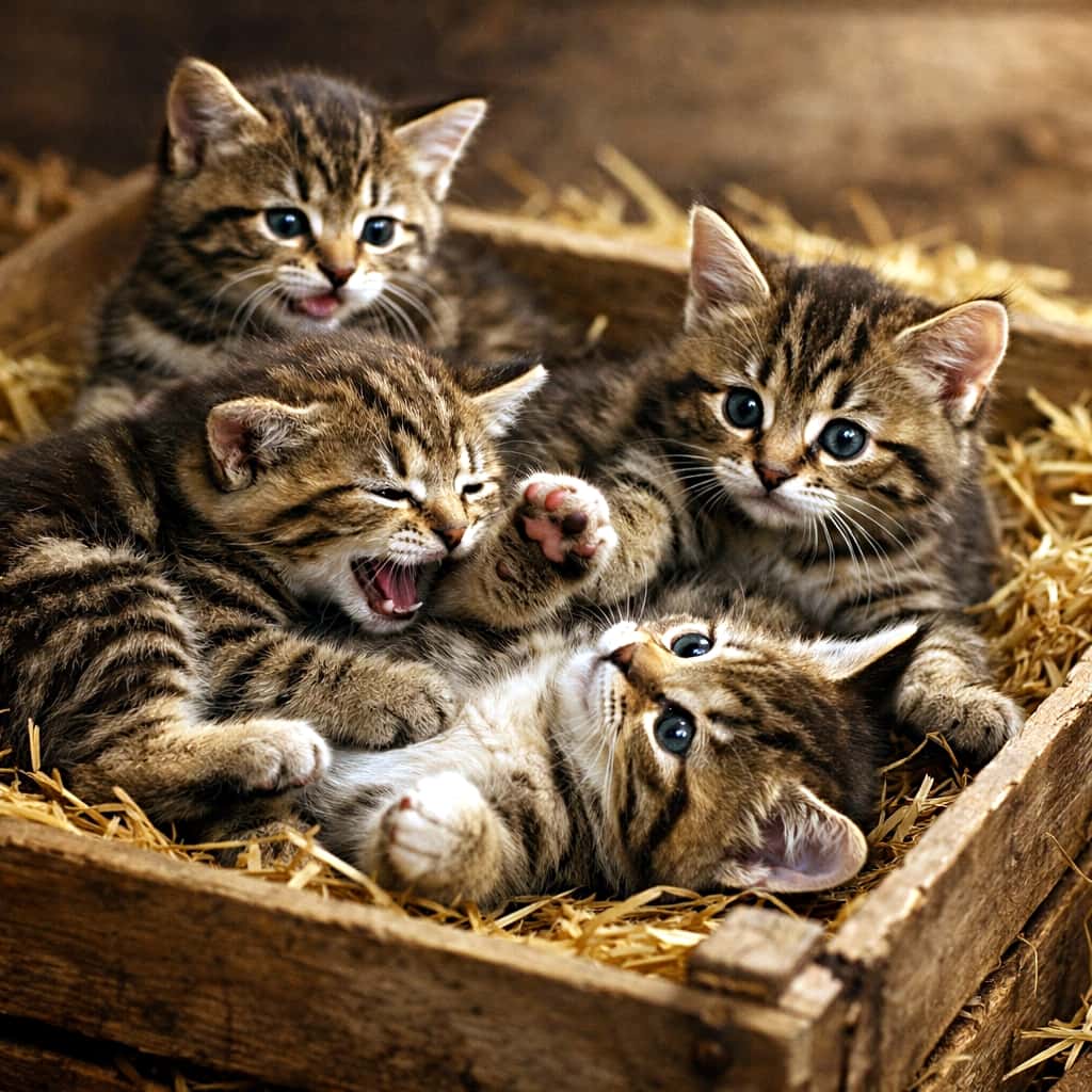 「ぎゅうぎゅう木箱で大運動会🐾転がって、絡まって、今日も全力で可愛い!」Four tabby kittens playfully tumbling over each other in a wooden crate filled with hay, bathed in soft warm light. 干し草が敷かれた木箱の中で、4匹のキジトラ子猫がじゃれ合って転げ回っている様子。やさしい暖色の光