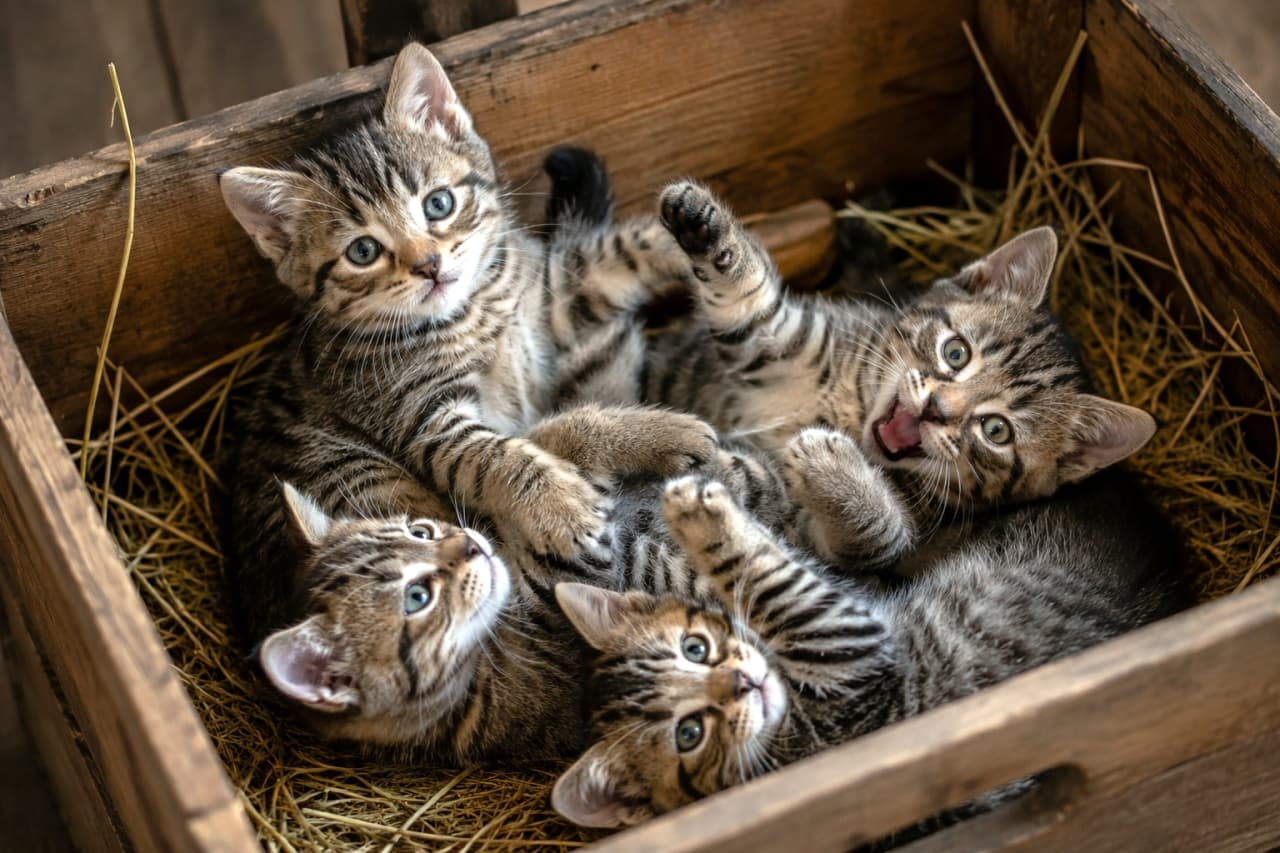 「木箱の中に天使がいっぱい!👼✨ ぎゅっと身を寄せ合って遊ぶ子猫たちに癒やされます💕」Ultra-realistic high-quality photograph of four adorable tabby kittens playing and looking at the camera inside a rustic wooden crate lined with straw. わらが敷かれた素朴な木箱の中で、じゃれ合いながらこちらを見つめる4匹の愛らしいキジトラの子猫たち