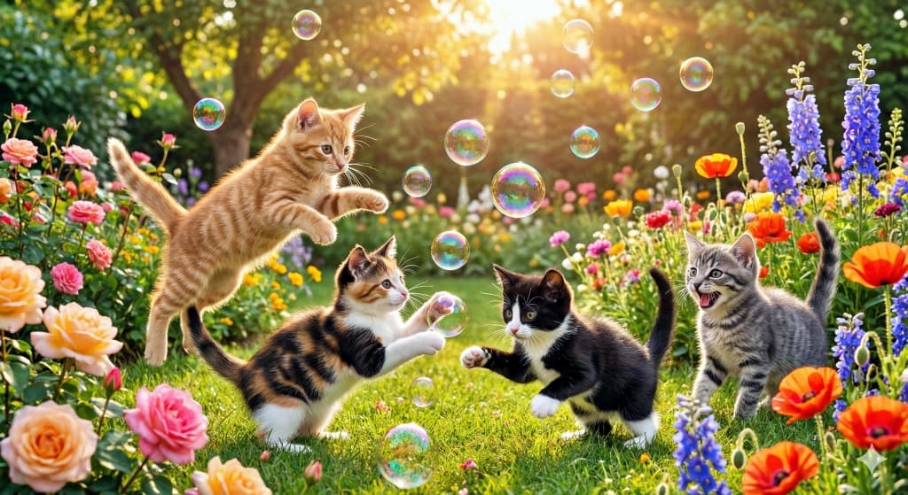 Four playful kittens chase soap bubbles in a sunlit garden filled with vibrant flowers. 色とりどりの花が咲く庭で、4匹の子猫がシャボン玉を追いかけて遊んでいる