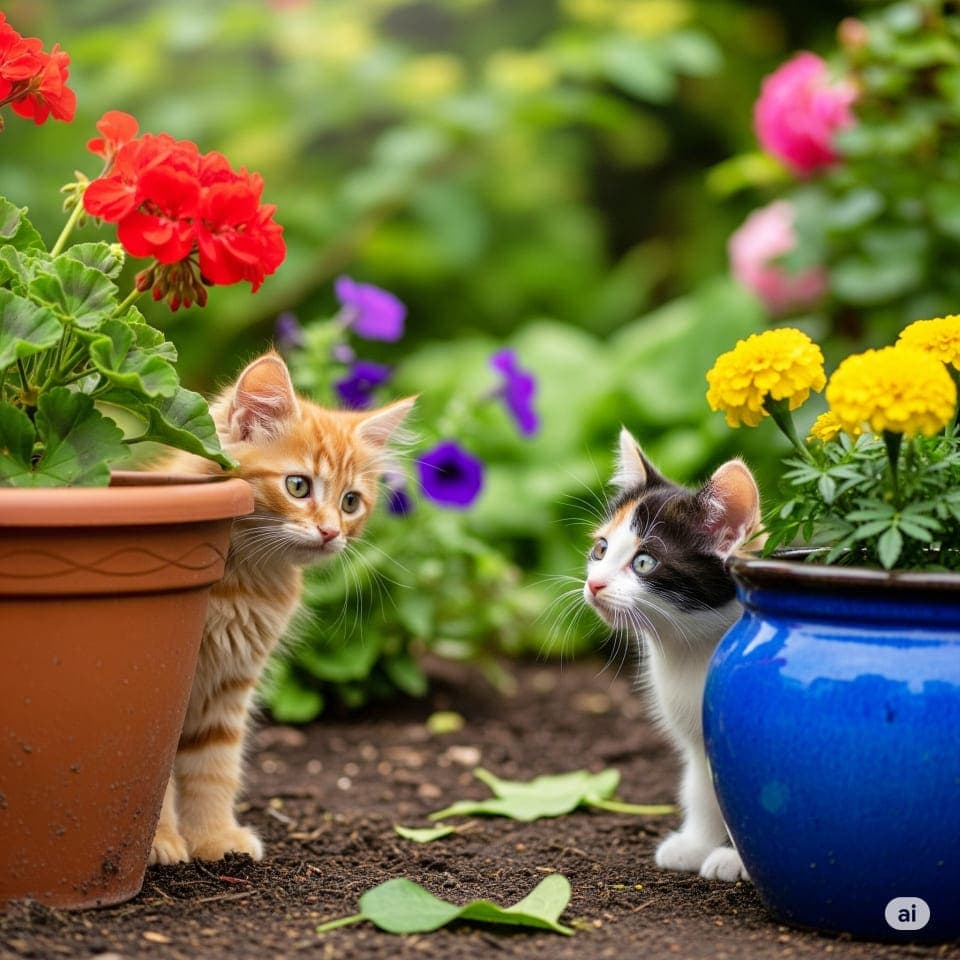 Two kittens explore a colorful garden; one peeks from behind red geraniums, the other sits by yellow marigolds. 赤いゼラニウムの鉢の陰から顔を出す茶トラの子猫と、黄色いマリーゴールドの鉢のそばに座る三毛猫
