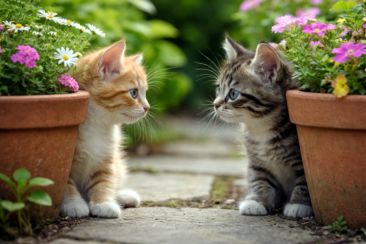「花壇のロミオとジュリエット!?🌼🌸 運命の出会いを果たした2匹の、秘密のアイコンタクト💖🐱」A detailed, low-angle photograph capturing two domestic kittens, a ginger tabby on the left and a grey tabby on the right, sitting on a stone-paved garden path. Each kitten is peeking out from behind its own separate, rustic terracotta flower pot. The left pot is filled with small white daisies and pink flowers, and the right pot with pink petunias and yellow flowers. Both kittens are facing each other directly, making intense and curious eye contact, their whiskers fanned out towards one another. The background is a soft-focus bokeh of sun-drenched green foliage and blurred garden elements. 石畳の庭の小道に座った、2匹の国内産の子猫、左側のオレンジ色のタビーと右側のグレーのタビーのクローズアップ、ローアングル写真。それぞれの子猫が、それぞれの古びたテラコッタ製の植木鉢の後ろから覗き込んでいる。左の鉢には小さな白いデージーとピンクの花、右の鉢にはピンクのペチュニアと黄色い花が植えられている。両方の子猫が互いを直接見つめ合い、強烈で好奇心旺盛なアイコンタクトをとっており、ヒゲが互いに向かって広がっている。背景は太陽の光を浴びた緑の葉とぼかされた庭園要素の柔らかなボケ