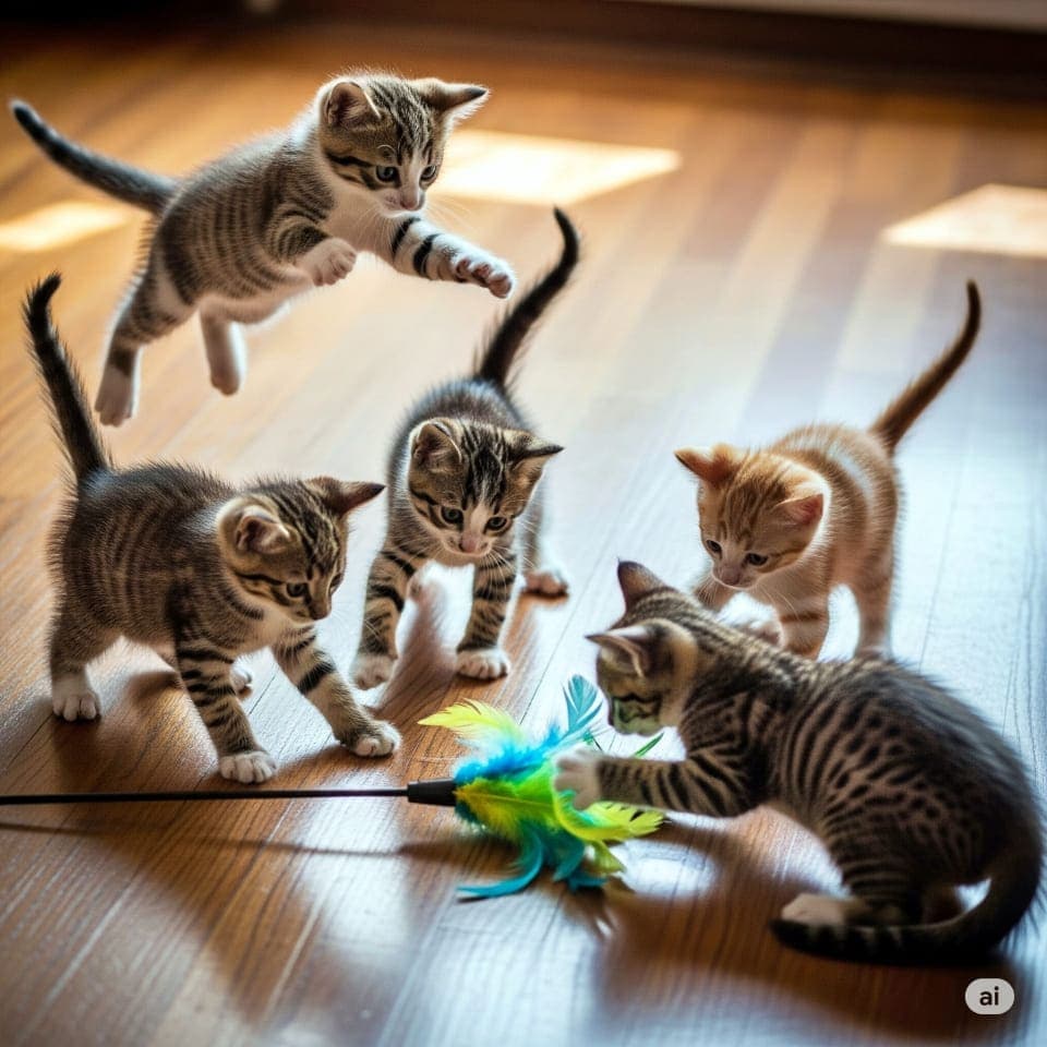 Five kittens chase a colorful feather toy; one leaps mid-air in warm natural light. 5匹の子猫がカラフルな羽根のおもちゃを追いかけ、1匹が宙にジャンプ。自然光が暖かく照らす