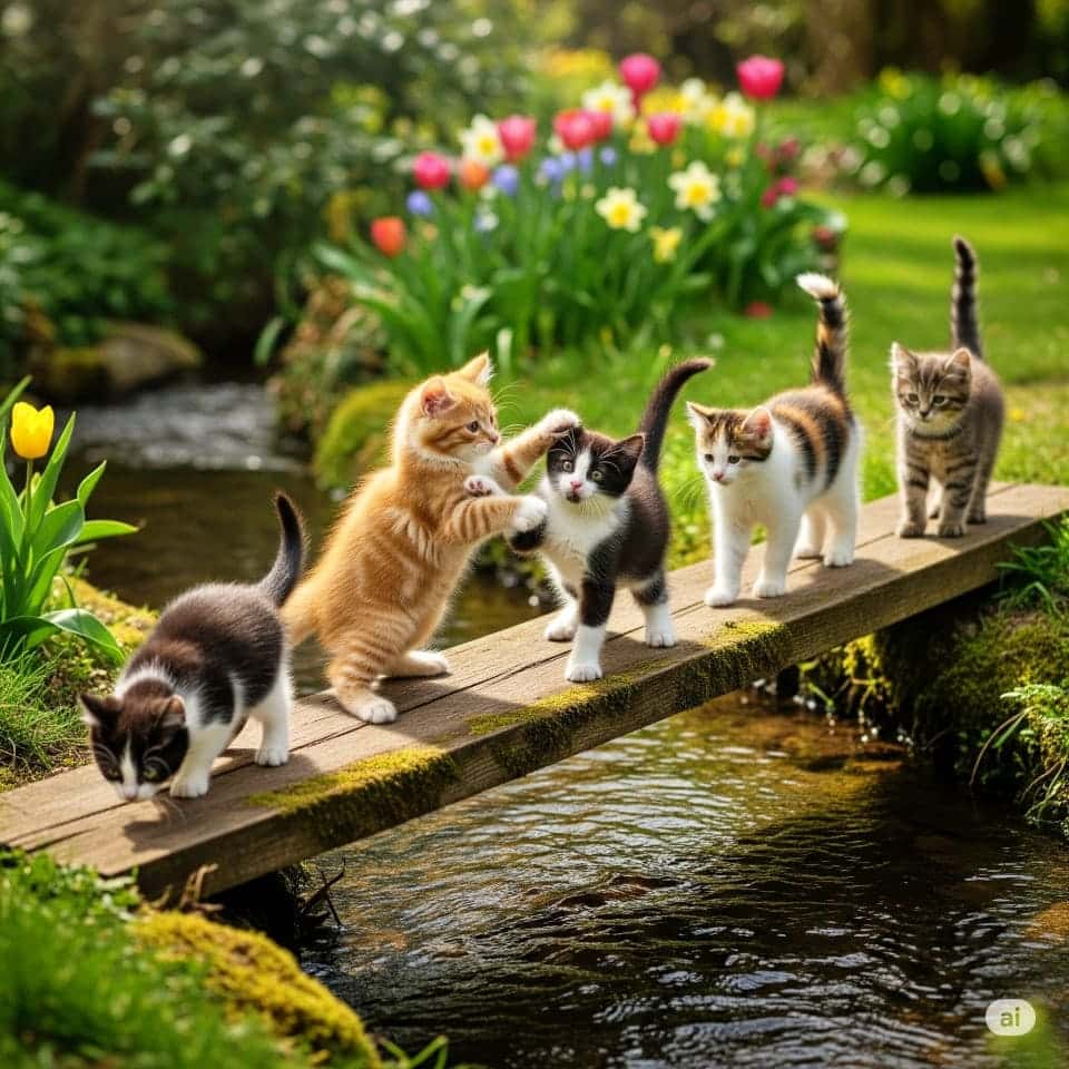 Five kittens—orange tabby, black and white, calico, and gray tabby—play on a narrow wooden bridge over a stream in a vibrant spring garden. Tulips and daffodils bloom in the background, adding cheerful color to the playful scene. 茶トラ、黒白、三毛、灰縞など5匹の子猫が、小川にかかる細い木橋の上で遊んでいる。背景にはチューリップやスイセンが咲き誇り、春らしい華やかで楽しい雰囲気を演出している