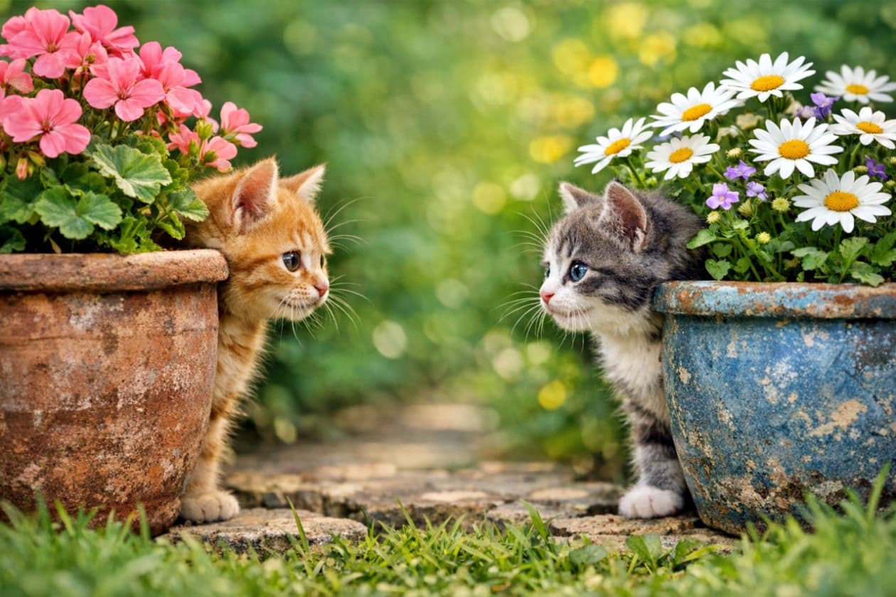 「鉢のかげから…じーっ。今日はかくれんぼ勝負!✨」Two kittens peek out from behind separate garden flower pots, looking directly at each other. One kitten hides behind a terracotta pot filled with pink flowers, while the other peeks from behind a blue ceramic pot with white daisies. Soft natural light and a shallow depth of field create a playful, photorealistic atmosphere. 庭の植木鉢の陰から、二匹の子猫がそれぞれ顔をのぞかせ、まっすぐ相手を見つめている。片方はピンクの花が咲くテラコッタ鉢の後ろから、もう片方は白いデイジーが植えられた青い鉢の後ろからひょっこり。柔らかな自然光と浅い被写界深度が、遊び心のあるフォトリアルな雰囲気を作っている