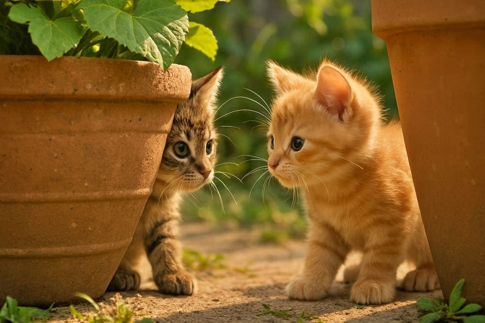 Two kittens face each other behind terracotta pots in warm golden-hour light; tabby and orange fur contrast. 夕方の柔らかな光の中、テラコッタ鉢の陰で向かい合う2匹の子猫。トラ柄と薄茶色の毛並みが印象的