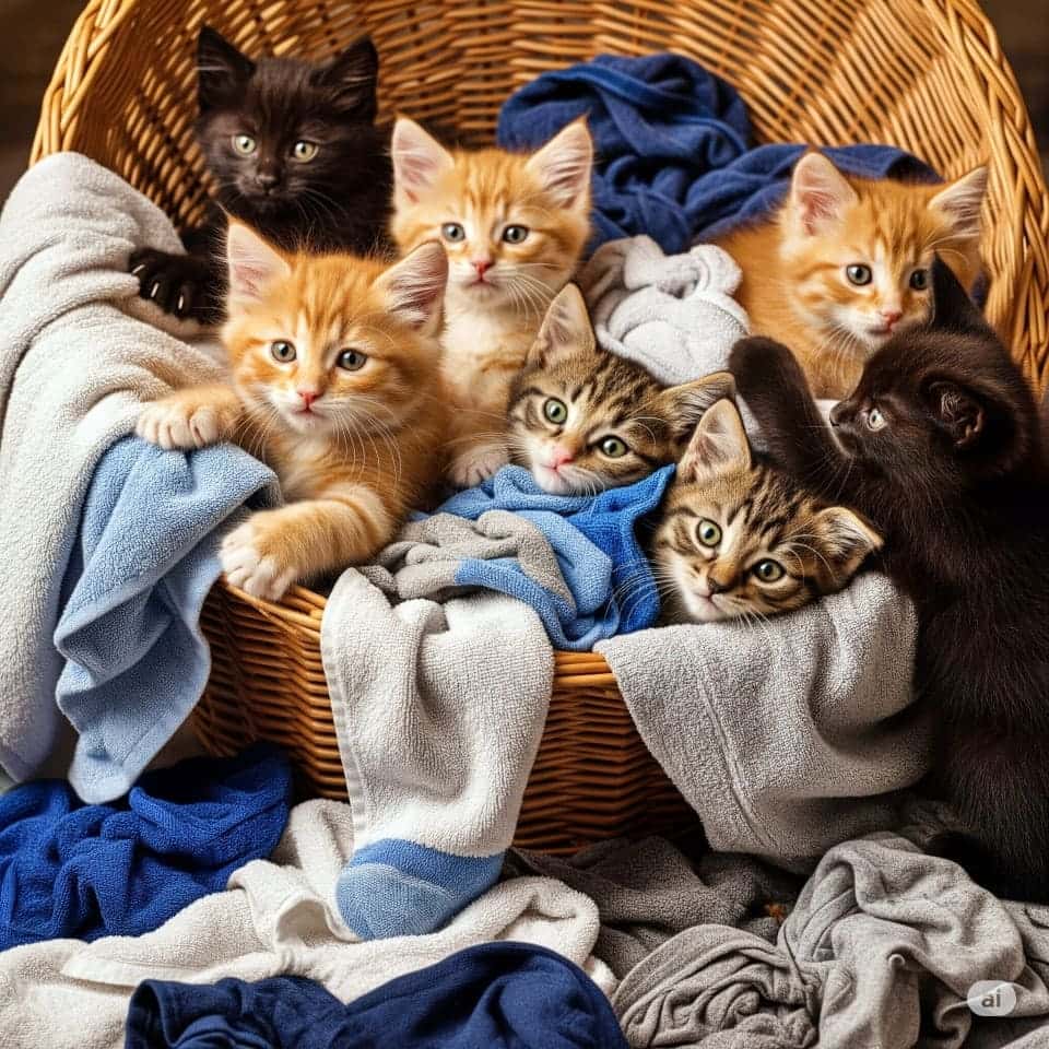 Seven kittens—orange tabbies, brown tabbies, and black kittens—snuggled together in a wicker basket filled with soft towels, surrounded by scattered laundry, looking curious and playful. オレンジ、キジトラ、黒の子猫7匹が、タオルを敷き詰めた編みかごの中で寄り添い、まわりに散らばった洗濯物に囲まれながら、好奇心いっぱいの表情を見せている様子