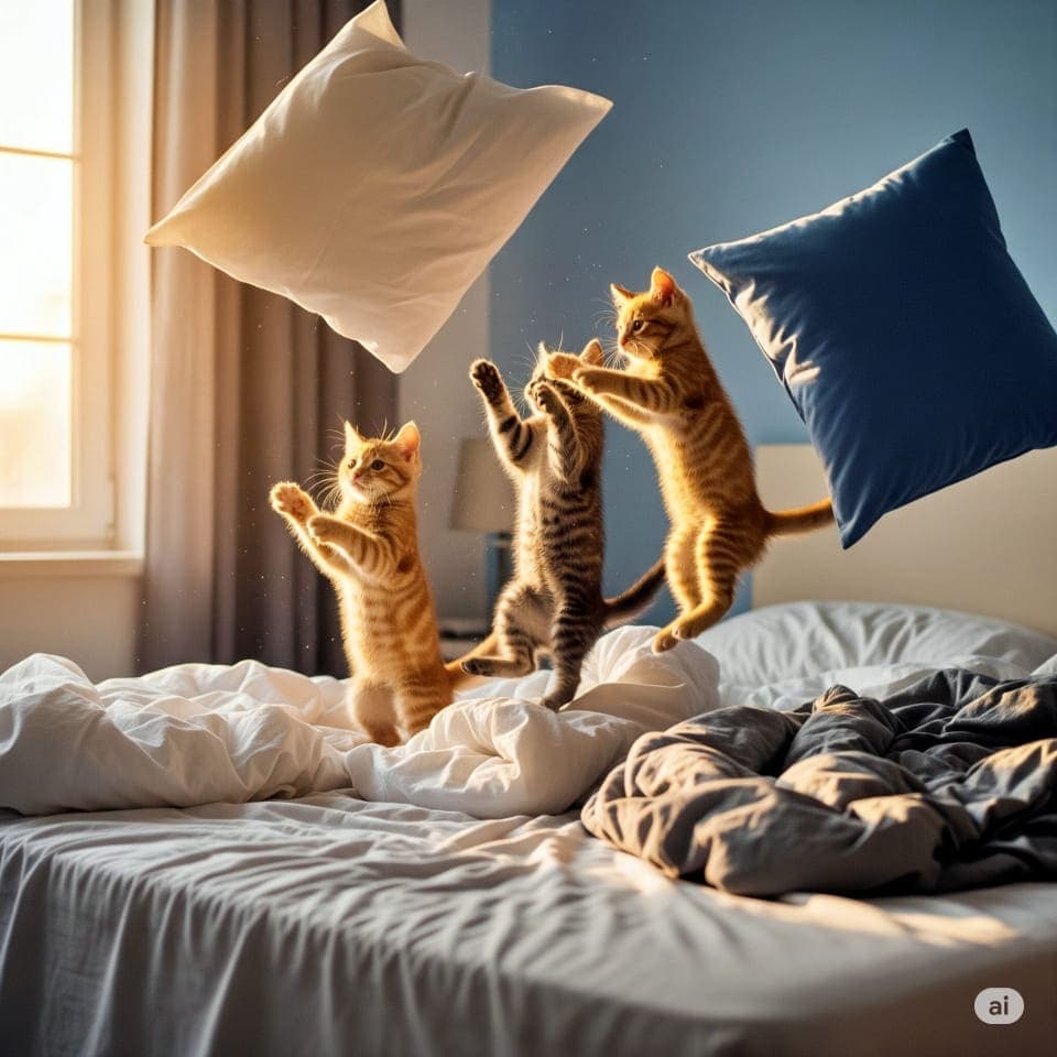 Three kittens leap on an unmade bed, reaching toward two airborne pillows. Sunlight streams through curtains, illuminating the cozy room with a blue wall and bedside lamp. 3匹の子猫が整っていないベッドの上で跳ねながら、空中に浮かぶ2つの枕に手を伸ばしている。カーテン越しの光が青い壁とランプのある部屋を温かく照らしている