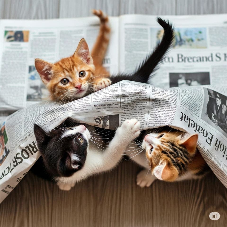 Three kittens—orange, black-white, and calico—play with a newspaper on a wooden floor. オレンジ、白黒、三毛の3匹の子猫が木の床で新聞紙を使って遊んでいる