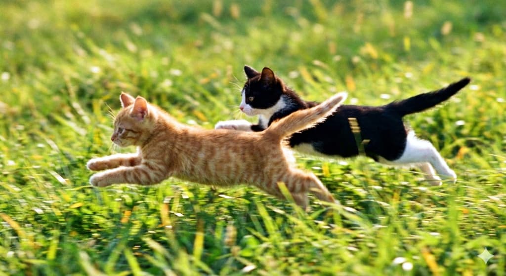 Two energetic kittens leap through a sunny grassy field, captured mid-air in joyful motion. 晴れた草原を跳ねる2匹の元気な子猫、空中で躍動する瞬間を捉えた一枚