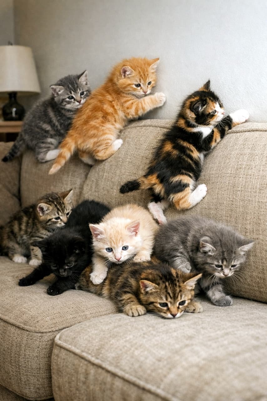 「ソファの上が子猫の遊び場に大変身!🛋️🐾わちゃわちゃ大渋滞な子猫まつりに思わず笑顔がこぼれますね🥰」Ultra-realistic high-quality photograph of a playful group of eight diverse kittens climbing, wrestling, and playing together in a joyful mess on a cozy beige sofa. ベージュのソファの上で、背もたれによじ登ったり、重なり合ったり、思い思いのポーズで元気いっぱいに遊んでいる8匹の様々な毛色の子猫たちの超高画質写真