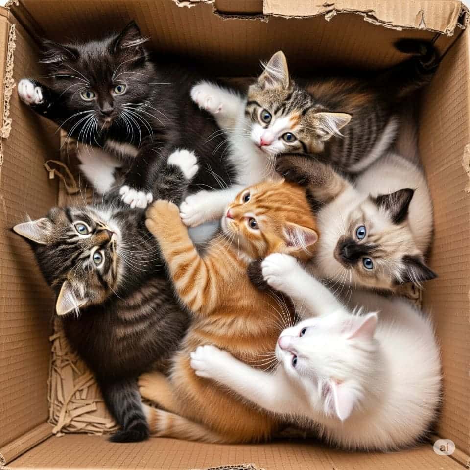 Six kittens of various breeds and colors cuddle and play inside a worn cardboard box. 6匹の毛色や種類が異なる子猫たちが、使い込まれた段ボール箱の中で寄り添い遊んでいる
