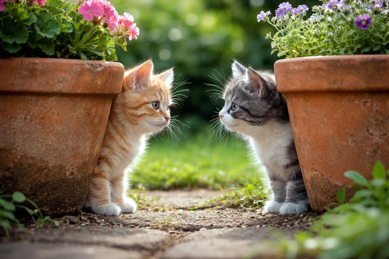 「テラコッタ鉢の陰からひょっこり😺👀お庭で秘密のアイコタクト。何を話してるのかな?💕🌿」A detailed, low-angle photograph capturing two domestic kittens, one ginger tabby on the left and one grey tabby on the right, standing on a dirt garden path. Each kitten is peeking around the side of a large, weathered terracotta flower pot, one pot containing pink geraniums and the other purple bellflowers. The kittens are facing each other with direct eye contact, their bodies partially obscured. The background is a soft-focus bokeh of sun-drenched green foliage, highlighting their whiskers and expressions. 豊かな庭園の地面(小石と雑草のある土の小道)で、2匹の子猫が向かい合っている詳細なローアングル写真。左側には、ピンクの花(ゼラニウム)が植えられた大きな素焼きのテラコッタ鉢の後ろから覗き込む茶トラの子猫。右側には、紫の花(ベルフラワー)が植えられた同様のテラコッタ鉢の後ろから覗き込むサバトラの子猫。両方の子猫が鉢の横から体を出し、お互いの目を直接見つめ合っている。背景は柔らかな自然光に照らされた緑の葉のボケ
