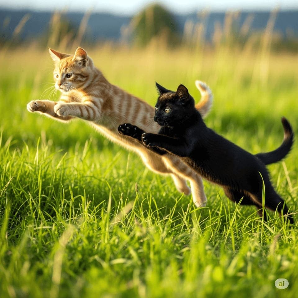 An orange tabby and a black cat leap through tall grass in golden hour light. 茶トラ猫と黒猫が夕暮れの光に包まれた草原を跳ねている