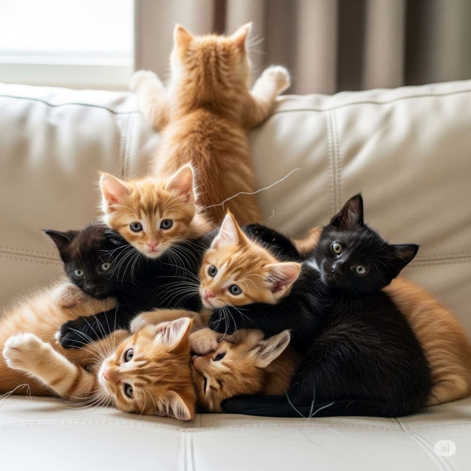 Seven kittens—five orange tabbies and two black—cuddle on a leather couch; one gazes out the window. 5匹の茶トラと2匹の黒猫が革製ソファで寄り添い、1匹は窓の外を見つめている