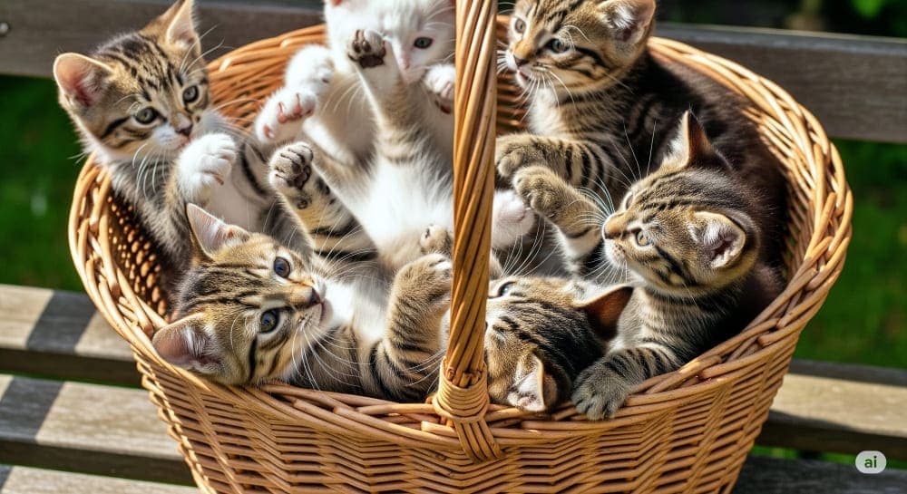 Seven kittens—mostly tabbies and one white—relax and play in a wicker basket placed on a wooden bench outdoors. Some lie on their backs, others sit upright, creating a lively and affectionate scene. 縞模様の子猫を中心に、白猫1匹を含む7匹の子猫が屋外の木製ベンチに置かれたバスケットの中でくつろいでいる。仰向けの子もいれば、ちょこんと座る子もいて、にぎやかで愛らしい光景が広がっている