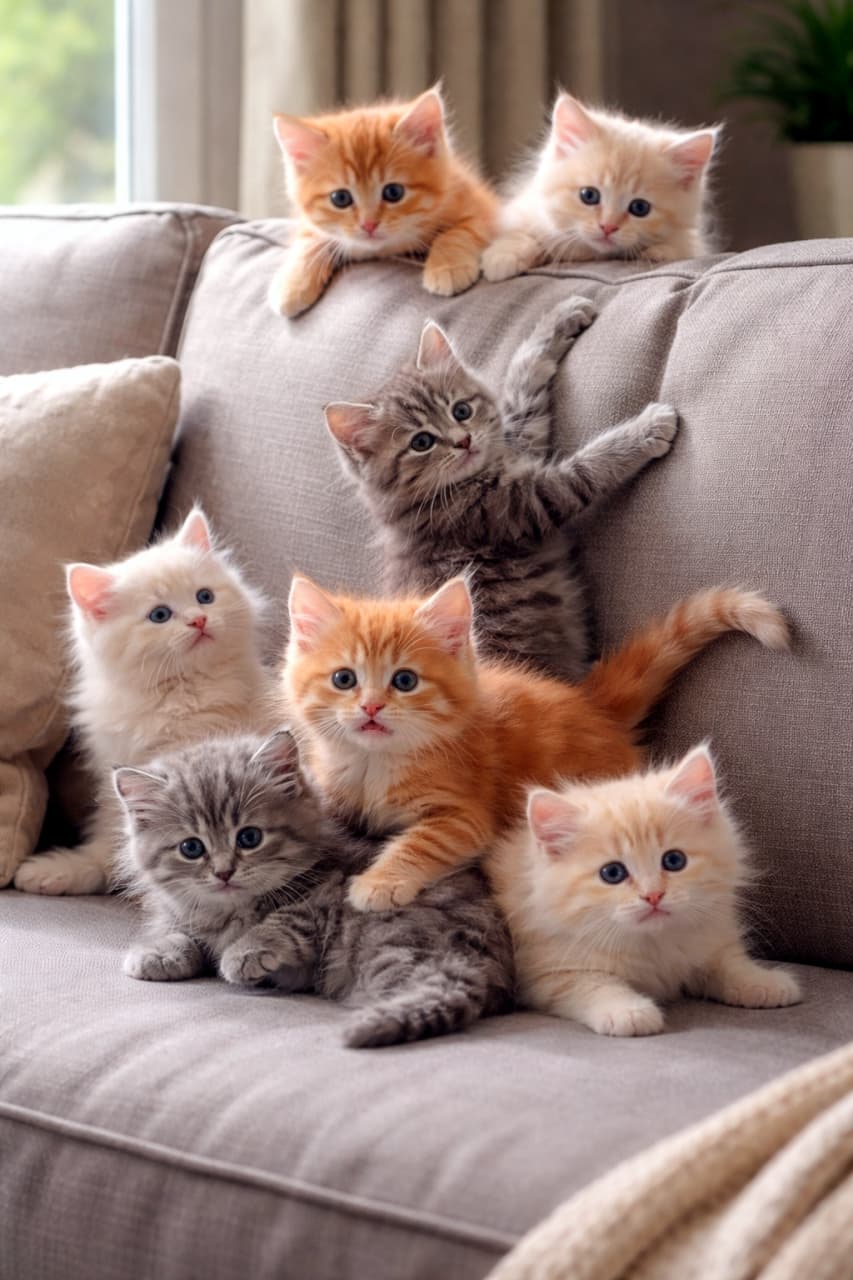 「ソファが子猫まみれに!🐾 7匹の子猫たちが重なり合ったり、登ったりして大騒ぎ。可愛すぎて動けない💕」A photorealistic, high-resolution photograph of seven kittens clustering on a grey fabric couch in natural indoor light. The kittens, a mix of orange, cream, and tabby, are scrambling over each other, with one climbing up the backrest. A pillow is visible on the left and a blanket on the right. 自然な屋内光の中で、灰色の布製ソファの上に群がっている7匹の子猫の写実的な高解像度写真。オレンジ、クリーム、キジトラの子猫たちが重なり合い、1匹は背もたれを一生懸命登っている。左側にはクッション、右下には毛布の一部が見える