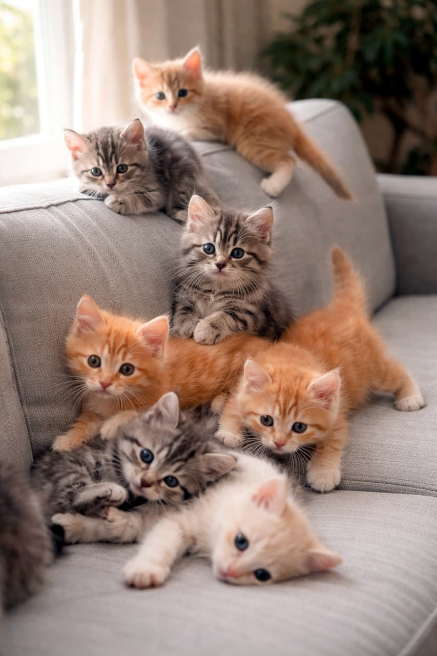 「ソファの上に子猫がギュギュッと大集合!🐾 7匹が重なり合って、可愛い「猫団子」が完成💕 左下には謎の8匹目の姿も?!✨」A photorealistic vertical photograph of seven kittens (tabby, orange, and cream) tightly huddled and overlapping on a grey fabric couch under natural indoor light. The kittens are looking toward the camera. In the bottom left corner, a small part of an eighth cat with grey fur is slightly visible. 自然な屋内光が差し込む中、灰色の布製ソファの上で7匹の子猫(キジトラ、オレンジ、クリーム色)が密に重なり合い、身を寄せ合っている写実的な縦長写真。子猫たちはカメラの方向を見つめている。左下隅には、8匹目と思われるグレーの猫の体の一部がわずかに写り込んでいる